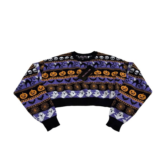 Trickz N' Treatz Sweaters - Dollskill Trickz N' Treatz Halloween Cropped Sweater Spooky Fair Isle Ghost M